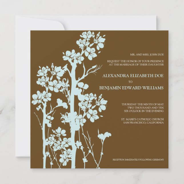 Japanese Floral Chocolate/Blue Wedding Invitation (Front)