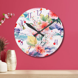 Japanese Floral Colourful Kitchen Flower Round Clock