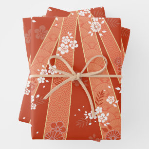Japanese Floral Kimono Pattern Coral Wrapping Paper Sheet