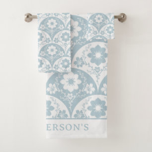 Japanese Floral Pattern in Soft Blue and White Bath Towel Set
