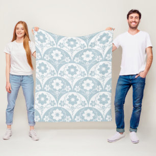 Japanese Floral Pattern in Soft Blue and White Fleece Blanket
