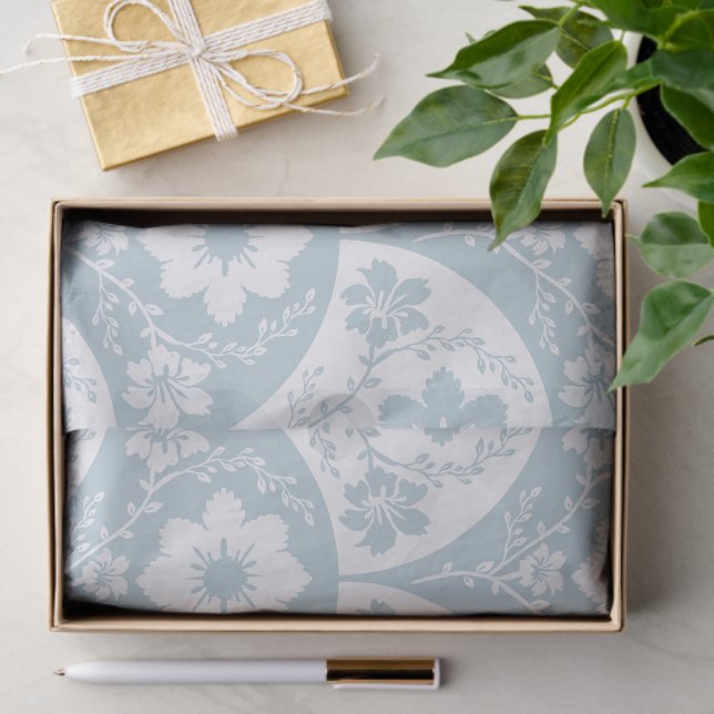 Japanese Floral Pattern in Soft Blue and White Tissue Paper (Gift)