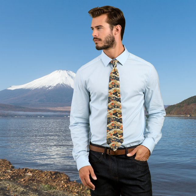 Japanese Floral Print in Orange Cream n Dark Teal Tie (Creator Uploaded)