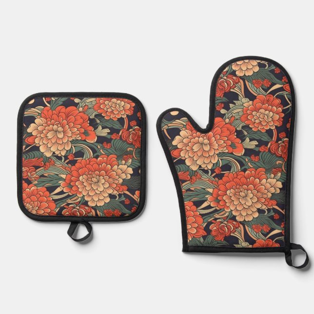 Japanese Floral Series Red Oven Mitt & Pot Holder Set (Front)