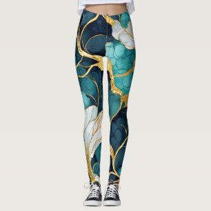 Japanese Floral Teal Blue Gold Leggings