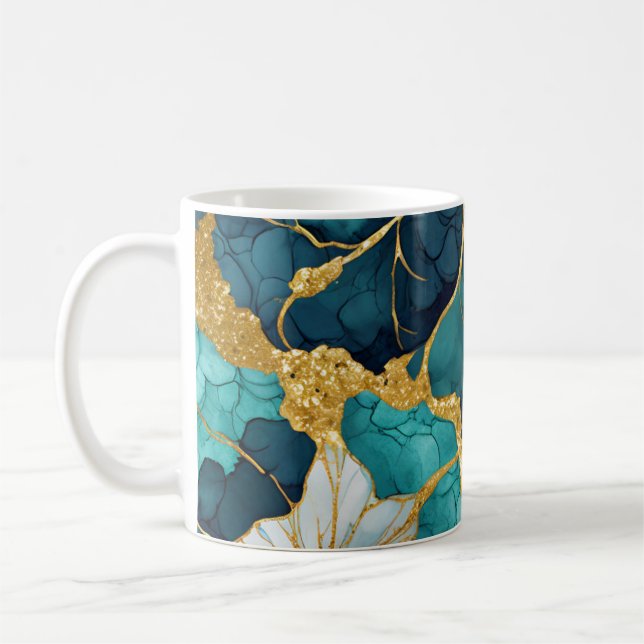 Japanese Floral Teal Gold Coffee Mug (Left)