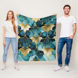 Japanese Floral Teal Gold Fleece Blanket