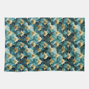 Japanese Floral Teal Gold Tea Towel