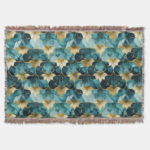 Japanese Floral Teal Gold Throw Blanket