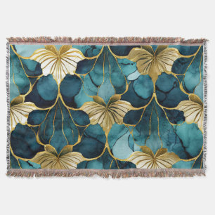 Japanese Floral Teal Gold  Throw Blanket