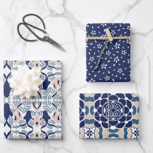 Japanese FLOWER AND KOI FISH white and blue CREAM Wrapping Paper Sheet
