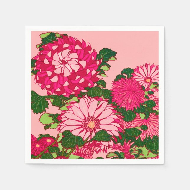 Japanese Flower Border, Fuchsia and Coral Pink Napkin (Front)