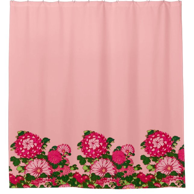 Japanese Flower Border, Fuchsia and Coral Pink Shower Curtain (Front)