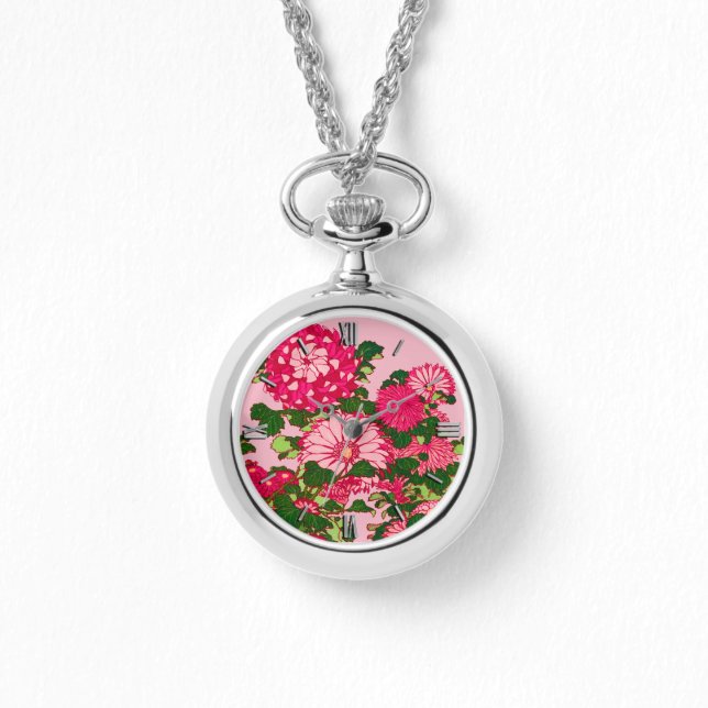 Japanese Flower Border, Fuchsia and Coral Pink Watch (Front)