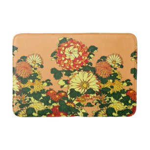 Japanese Flower Border, Mandarin Orange and Gold Bath Mat