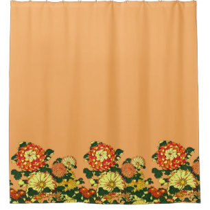 Japanese Flower Border, Mandarin Orange and Gold Shower Curtain