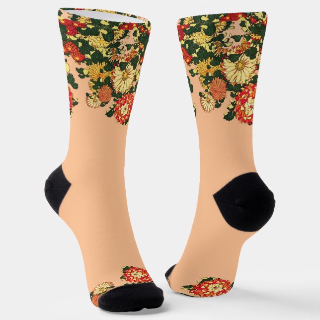 Japanese Flower Border, Mandarin Orange and Gold  Socks (Angled)