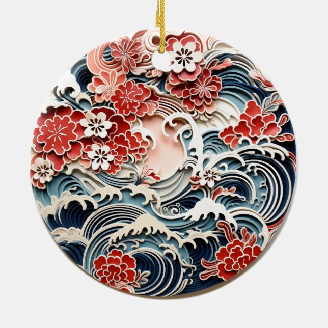 Japanese Flowers and Waves Ceramic Ornament (Back)