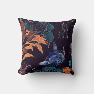 Japanese Flowers & Bird Katsushika Hokusai Dark Cushion