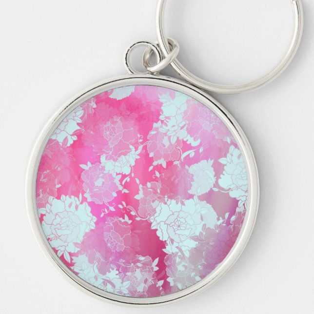 Japanese flowers blue patterns key ring (Front)