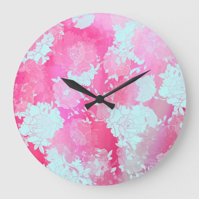 Japanese flowers blue patterns large clock (Front)