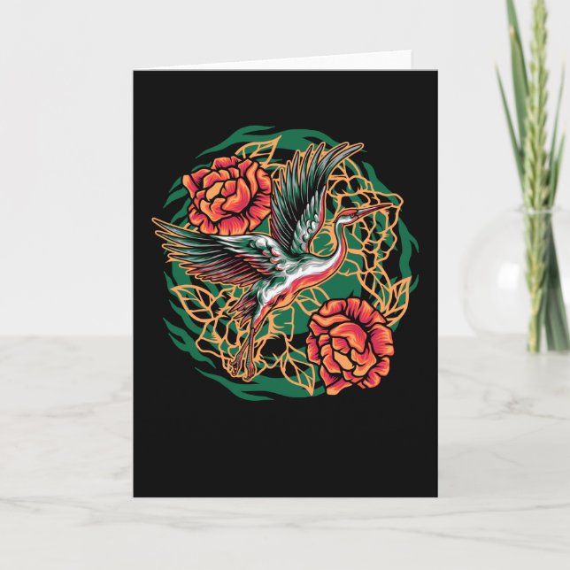 Japanese Flying Cranes with Roses Design Card (Front)