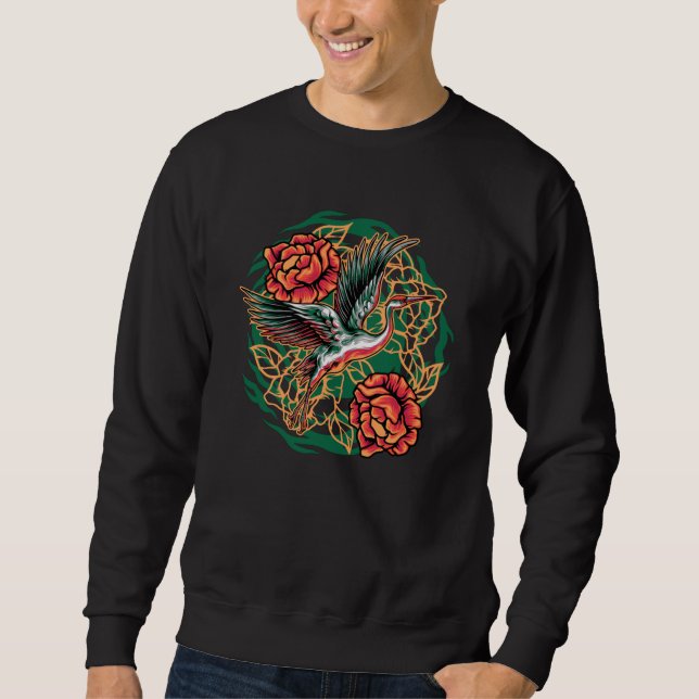 Japanese Flying Cranes with Roses Design Sweatshirt (Front)