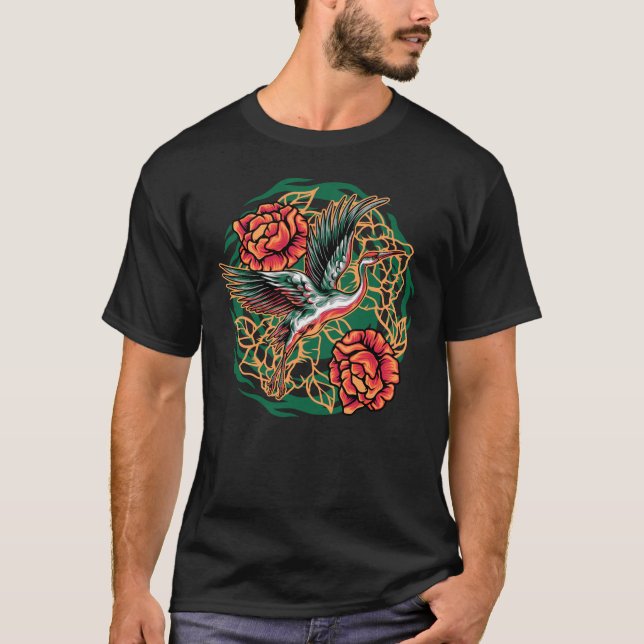 Japanese Flying Cranes with Roses Design T-Shirt (Front)