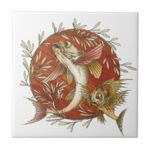 Japanese Flying Fish and Bamboo Leaves Vintage Art Tile