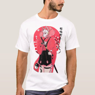 Japanese Fox Mask Girl Urban Vaporwave Style T-Shirt