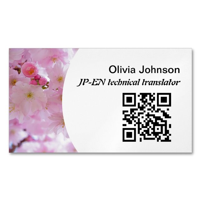 Japanese freelance translator pink cherry blossom  magnetic business card (Front)