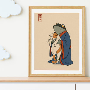 Japanese Frog Cat Illustration Ukiyoe Style Anim Poster