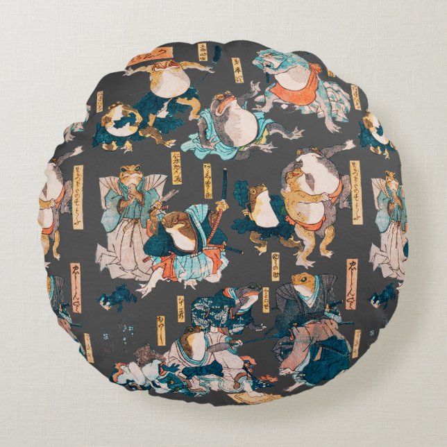 Japanese Frog ukiyo-e Froggies Round Cushion (Front)