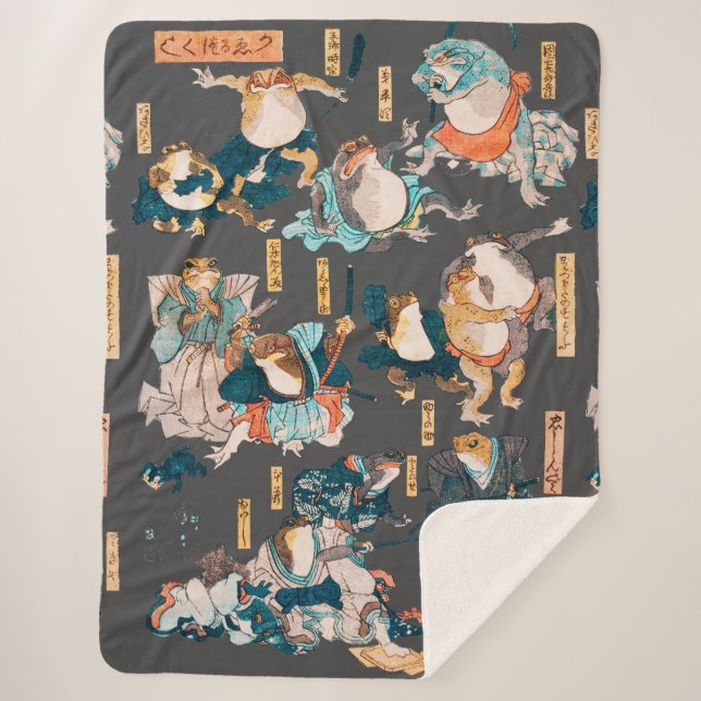 Japanese Frog ukiyo-e Froggies Sherpa Blanket (Front)