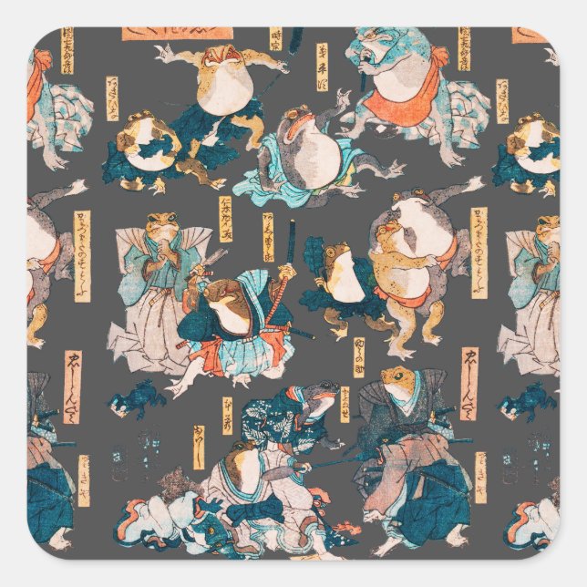Japanese Frog ukiyo-e Froggies Square Sticker (Front)