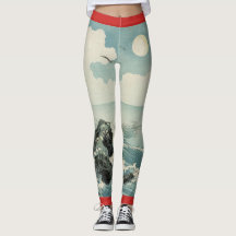 japanese full moon wood block print Leggings
