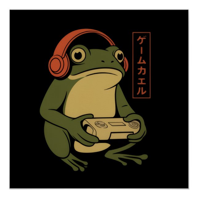 Japanese Gamer Frog Funny Vintage Gaming  Poster (Front)