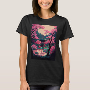 Japanese garden Cherry Blossom bridge shrine pink T-Shirt