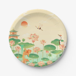 Japanese Garden Koi Pond and Waterlilies Art Paper Plate