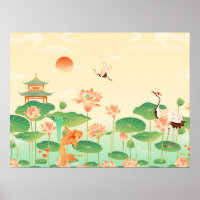 Japanese Garden Koi Pond and Waterlilies Art