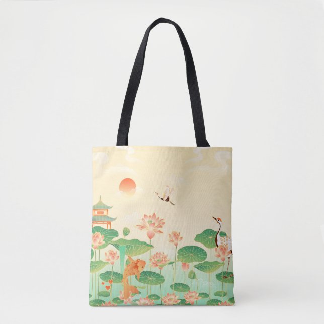 Japanese Garden Koi Pond and Waterlilies Art Tote Bag (Front)