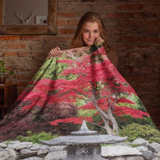 Japanese Garden Lantern and Red Maple Leaves Fleece Blanket (In Situ)