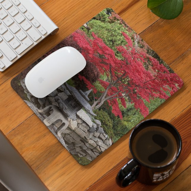 Japanese Garden Lantern and Red Maple Leaves Mouse Pad (In Situ)
