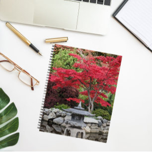 Japanese Garden Lantern and Red Maple Leaves Notebook