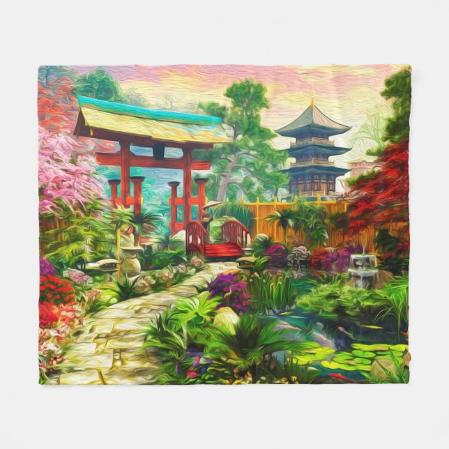 Japanese Garden Pagoda Sakura And Waterfall Fleece Blanket (Front (Horizontal))