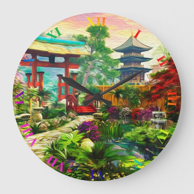 Japanese Garden Pagoda Sakura And Waterfall Large Clock (Front)