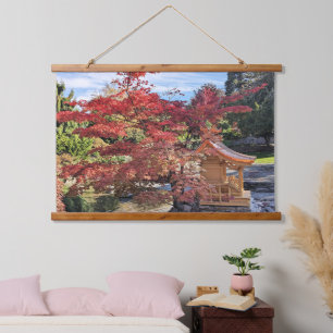 Japanese Garden Shrine and Autumn Leaves Hanging Tapestry