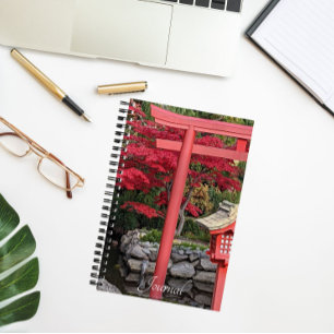Japanese Garden Structures and Red Maple Leaves Notebook