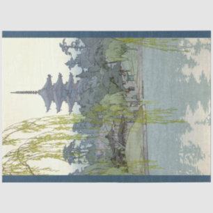 Japanese Garden Vintage Blue Willow Lake Pagoda 2 Tissue Paper