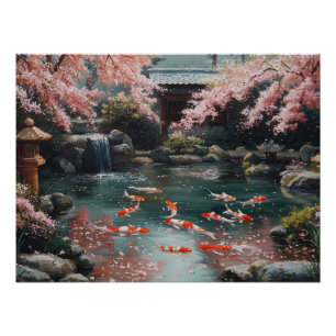 Japanese Garden with Koi and Cherry Blossoms Poster